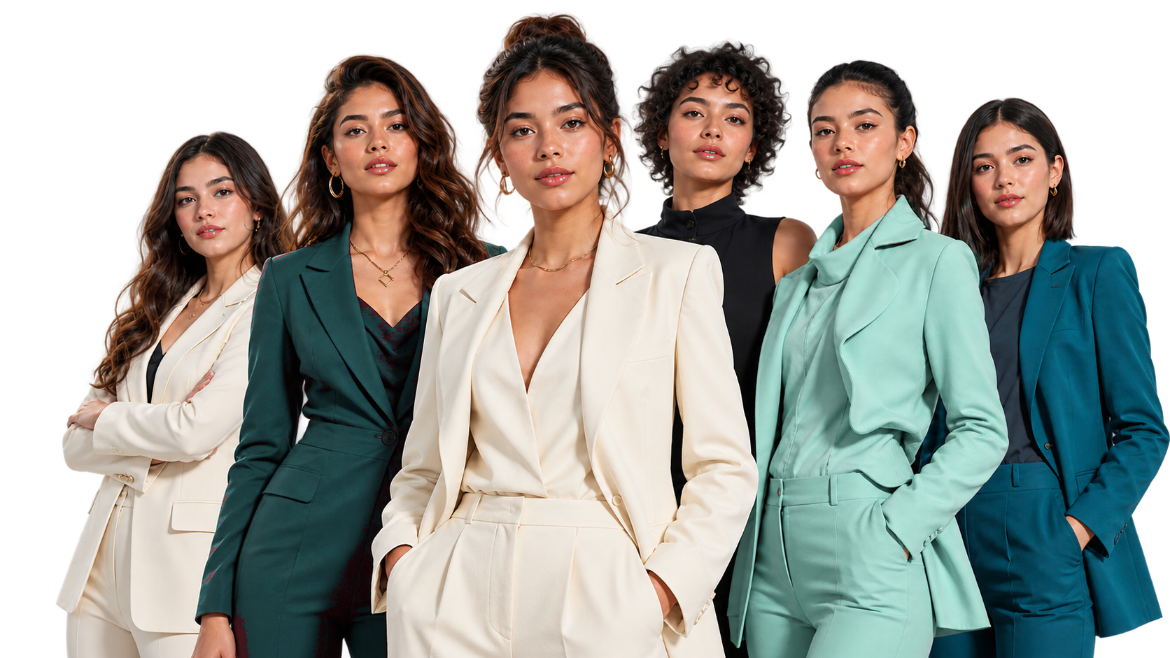 Seis mujeres adultas jóvenes en una composición editorial de moda médica